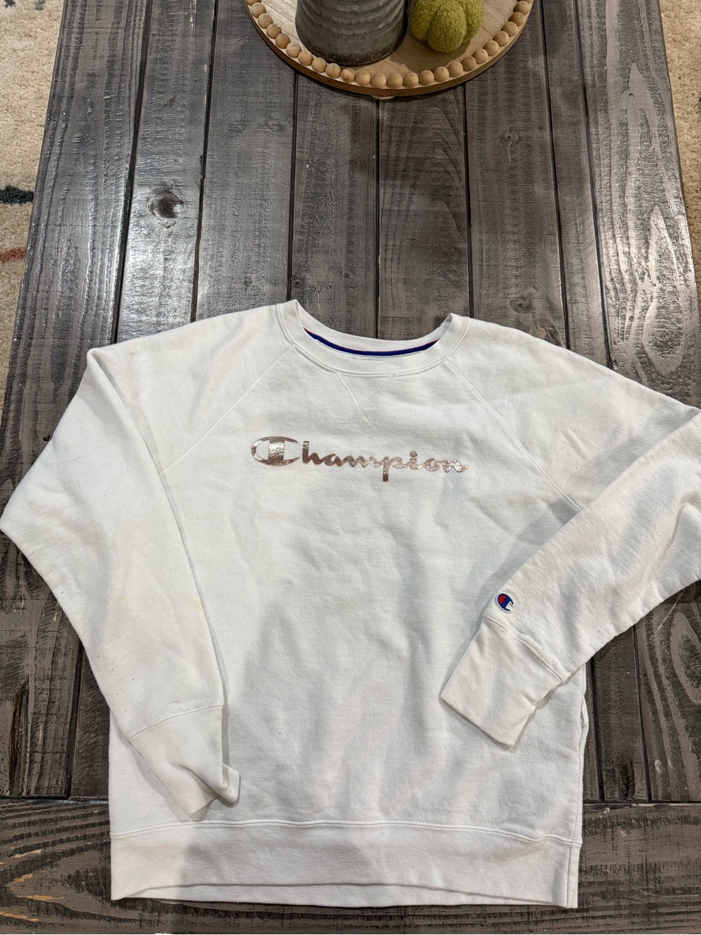 Champion Men’s White Crewneck Sweatshirt with Metallic Logo